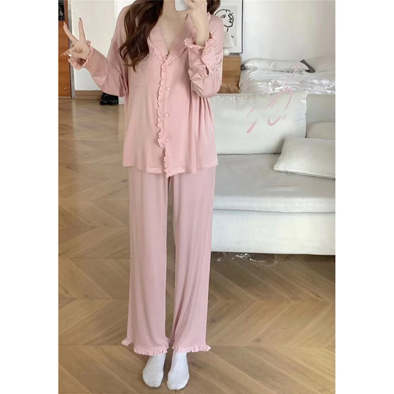 Ruffles Sleepwear Women Pajama Sets Autumn Piiama Solid Color Pants Sets for Women 2 Pieces Button Korean Night Wears Home Suit