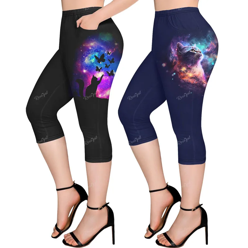 

Plus Size Galaxy Glitter Cat Butterfly Printed Pockets Capri Leggings 6XL Casual Skinny Pants For Women