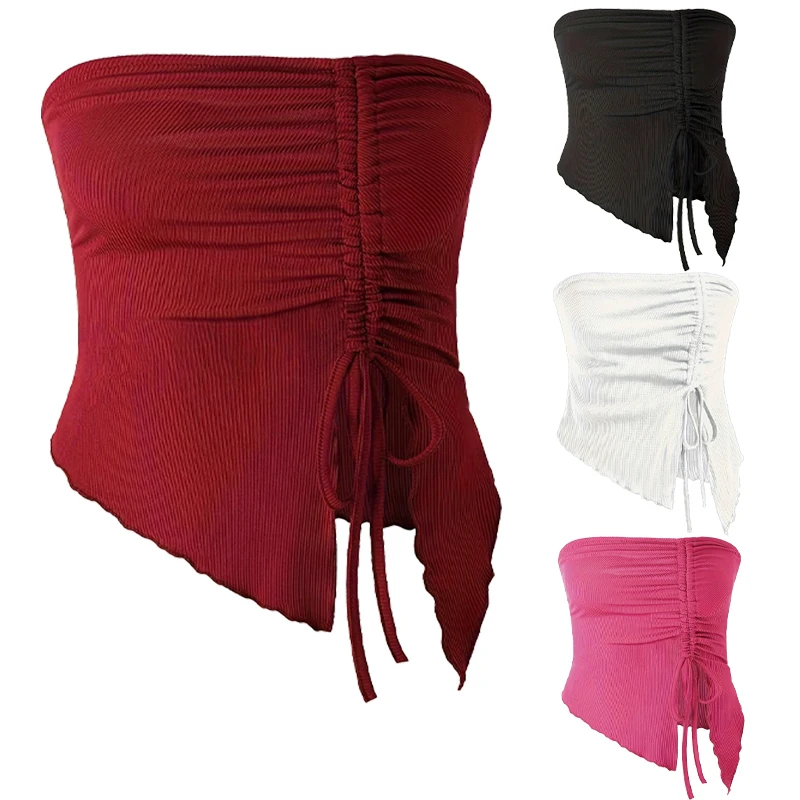Spring and Summer New Drawstring Red Valentine's Day Party Ins Style Young Slit Asymmetrical Slim Off-Shoulder One-Shoulder Sexy Women's Top Wrapped Chest Vest