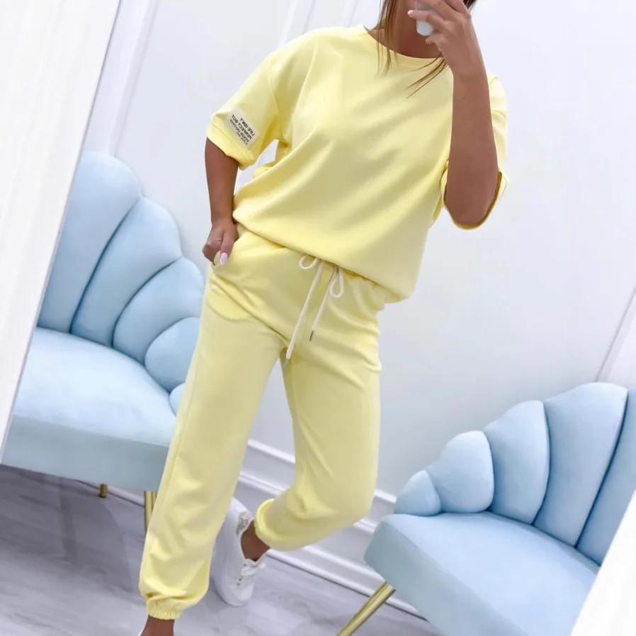 Damesmode 2-delige sets Effen los T-shirt en hoge elastische taillebroek Vrouwelijke chique dame Casual broek Dameskleding