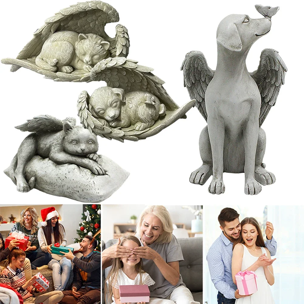 Tribute Puppy Sculpture Resin Angel Dog Cat Tombstone Figurine Creative Modern Style Home Backyard Lawn Decor