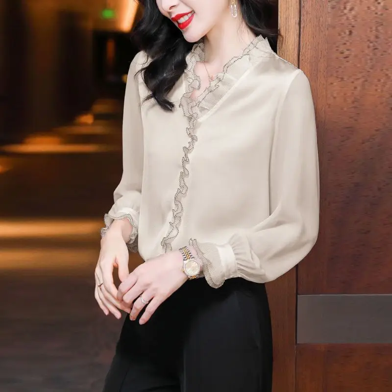 

Elegant Solid Color Spliced Lace Ruffles Chiffon Blouse Women Clothing 2023 Spring New Oversized Casual Pullovers Commute Shirt