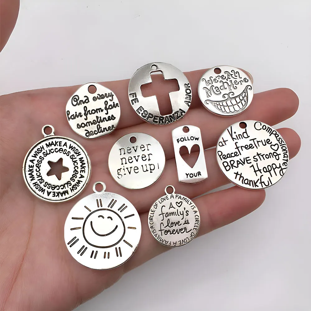 20PCS Tibetan Silver Alloy Inspirational Charms For Jewelry Making Bracelet Necklace Pendant Word Tags DIY Accessories Supplies