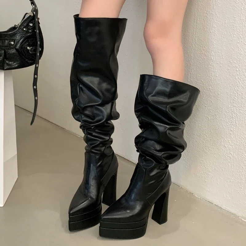 

Aneikeh Fashion Over The Knee Boots Pointed Toe Punk Style Chunky Platform Woman Square High Heels Shoes