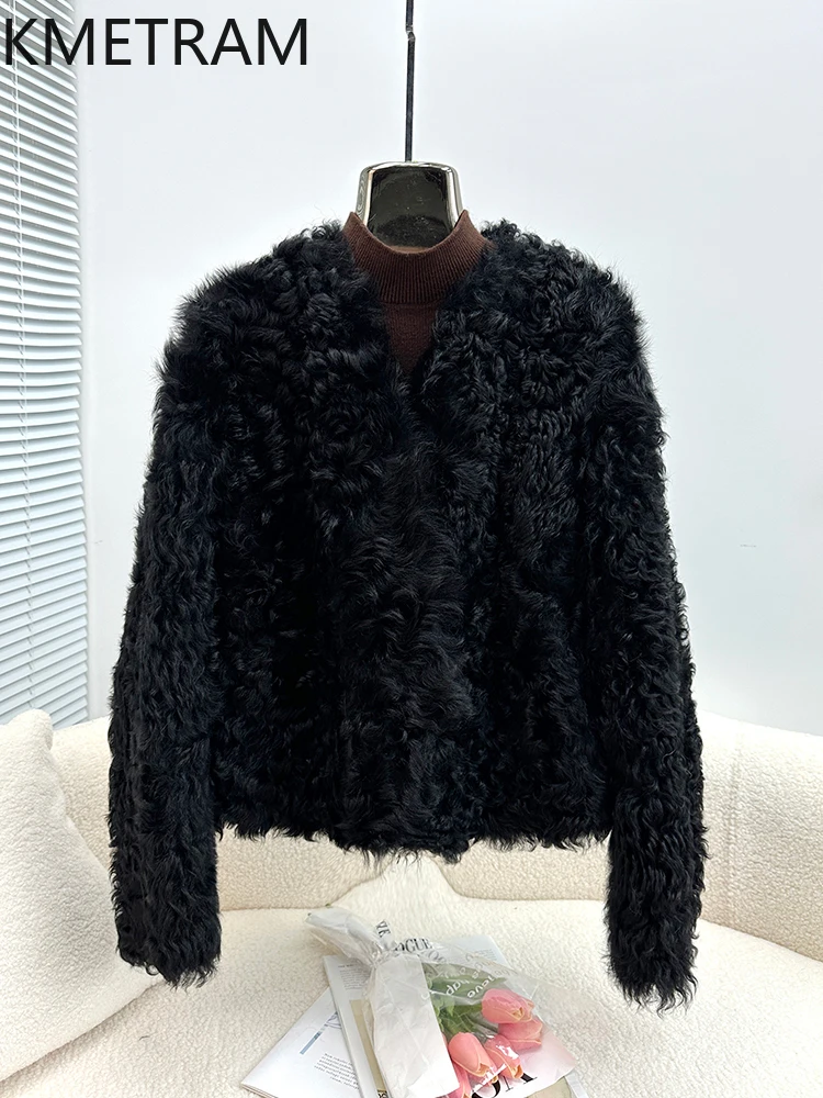 100% 천연 투스카니 양모 양가죽 양면 퍼 재킷 여성용 브이넥 숏 리얼 퍼 코트 여성 2025 겨울 의류 퍼