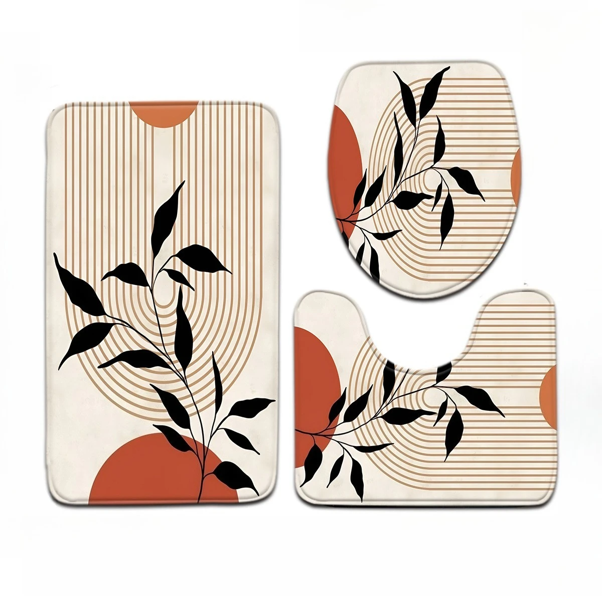 3 قطعة سلسلة الفن الحديث البرتقالي خط ورقة نمط الحمام حصيرة مجموعة غطاء مقعد المرحاض على شكل حرف U القدم أماه