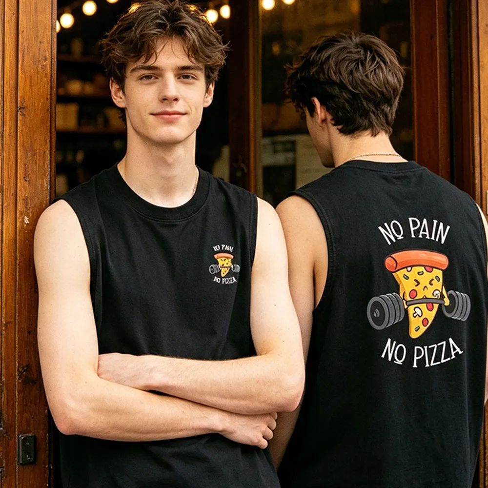 Funny Pizza Slice Barbell Sleeveless Tank Top Cute Cartoon No Pain No Pizza Printing Men's Vest Gym Casual Cotton Tank Top