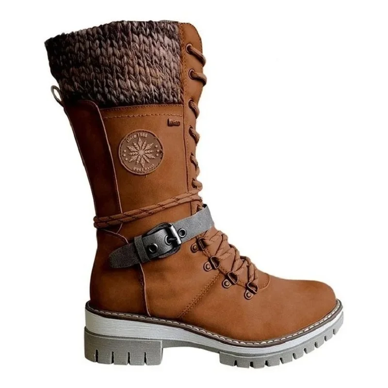 Women\'s Winter Side-pull Lace-up Knitted Mid-tube Boots Low-heeled Round-toe Boots High-quality Winter Warm Boots Botas De Mujer