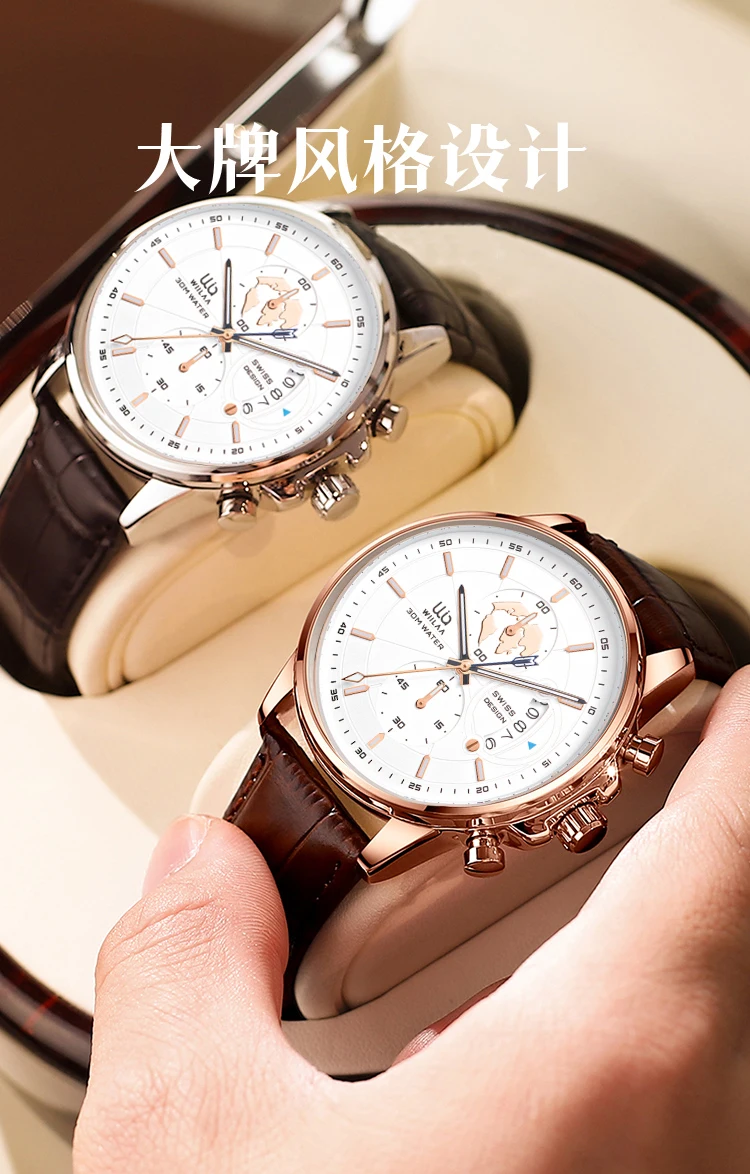Men's Rose Gold Chronograph Watch - 6-Hand Multi-Function Date Display Genuine Leather Strap Alloy Case Quartz Movement