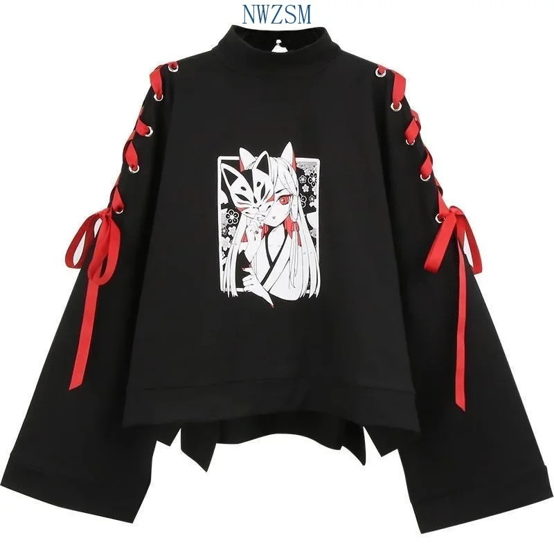 

Summer women's clothing anime Fox printed cross ribbon women Lolita Girls Harajuku spring black top skirt hoodies