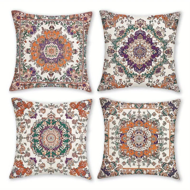4 fundas  almohada bohemias con cremallera impresa - doble cara con estampado  poliéster, cierre  cremallera, coración p