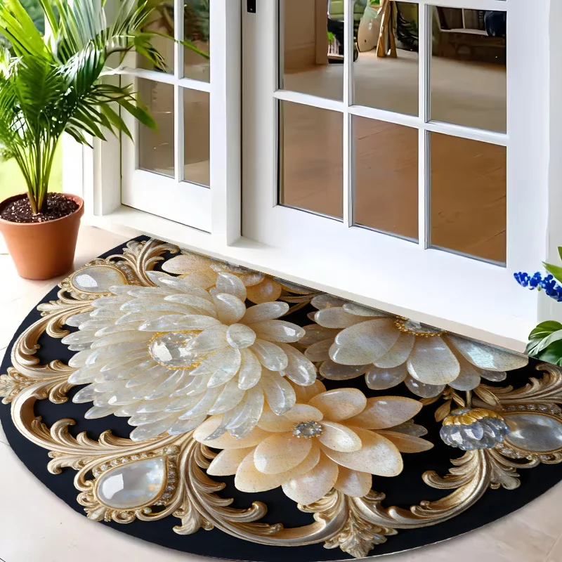 Pink Peony Green Leaves Vintage Border Intricate Semi Circle Doormat For Grand Foyer Non Slip Welcome Floor Mat Accent