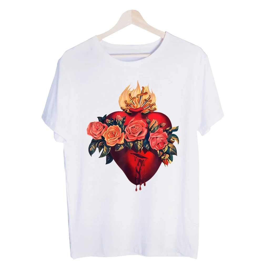 Men's Sacred Heart with Roses and Flames Graphic Tee, Short Sleeve Crew Neck T-Shirt for Casual Streetwear and Daily Outfits