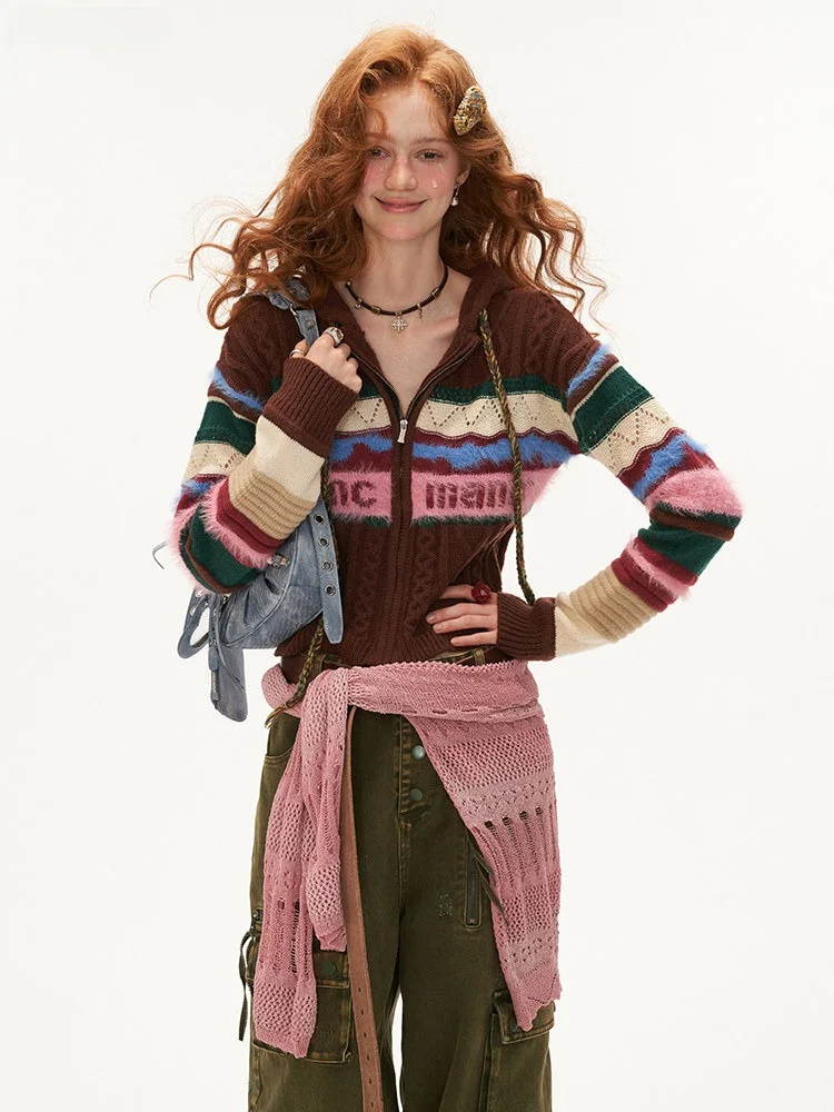 

MAMC Ретро-кардиган в полоску с капюшоном, вязаный, с длинными рукавами, осенне-зимняя новинка, женская модная верхняя одежда премиум-класса