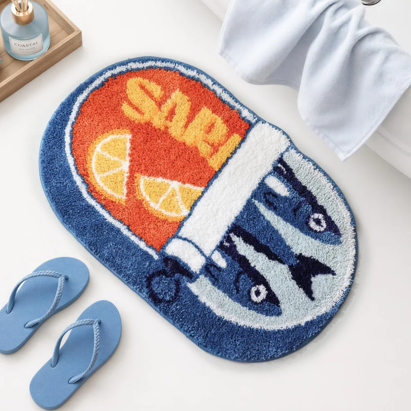 VIKAMA Funny Canned Fish Bath Rug Novelty Oval Shape Non Slip Floor Mat For Bathroom Entryway Dormitory Home Decor