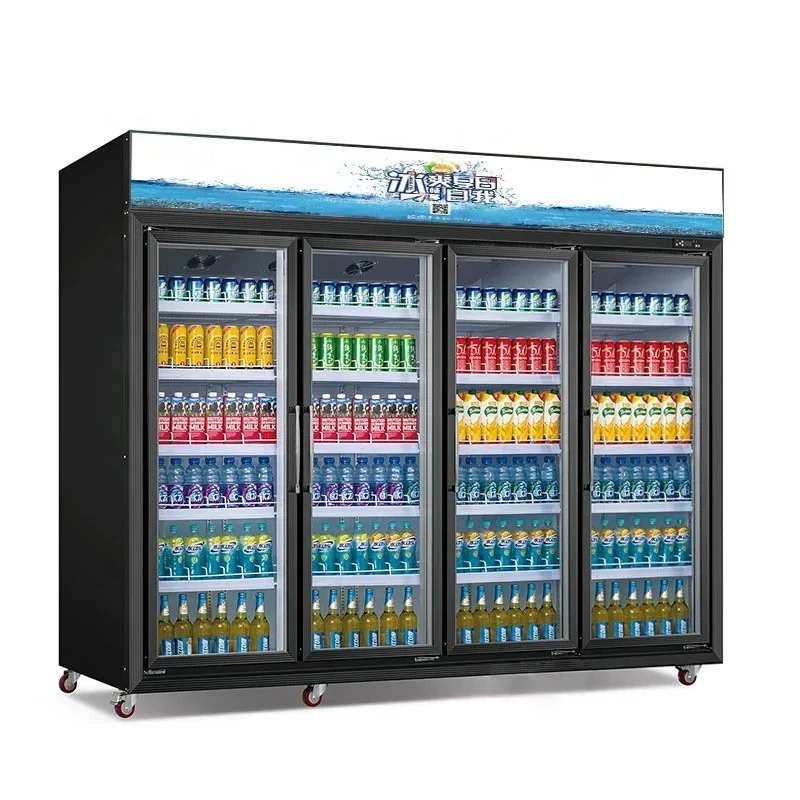 Supermarket Upright Fridge Freezer Fan Cooling 4 Doors Glass Display Cabinet / Retail Beverage Cooler