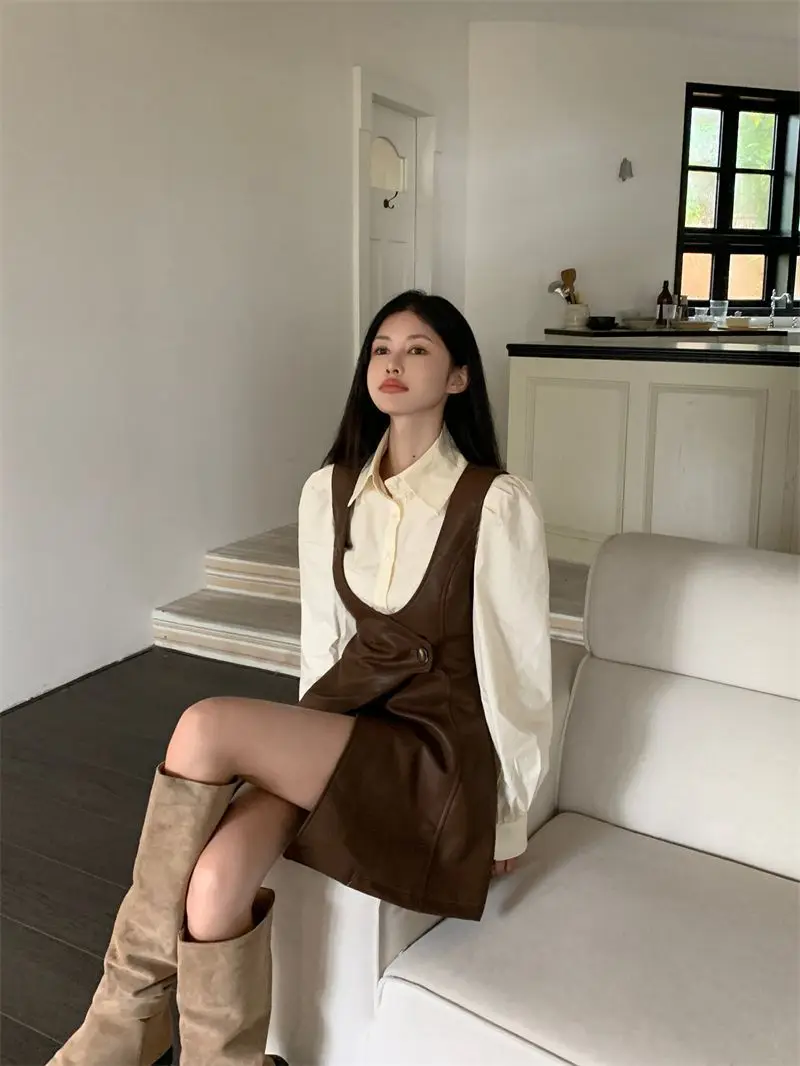 Korejpaa Elegant Two Piece Sets Women 2024 Autumn Casual Solid Shirt+korean Fashion PU Leather Sleeveless Slim Mini Dress