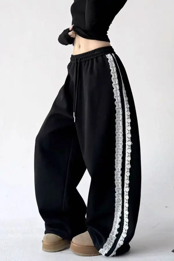 American Retro Lace Patchwork Black Sports Sweatpants Women Autumn Winter Drawstring Waist Loose Casual Pants Women