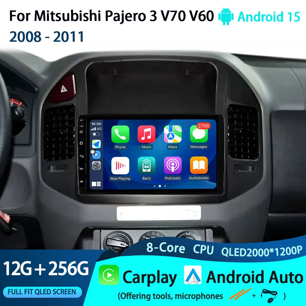Unidade principal sem fio android para mitsubishi pajero 3 v70 v60 2008-2011 carro auto rádio carplay multimídia navegação gps não 2din 4g