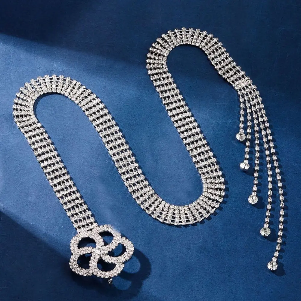 Sparkle Crystal Waist Belt Silver Color Adjustable Chain Full Diamond Belt Flower Buckle/O-Ring Full Crystal Corset Belt