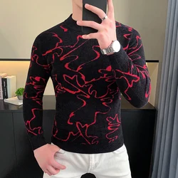 High Quality Jacquard Knitted Sweater for Men Autumn Long Sleeve Casual Business Pullover Versatile Social Warm Bottom Top 2024