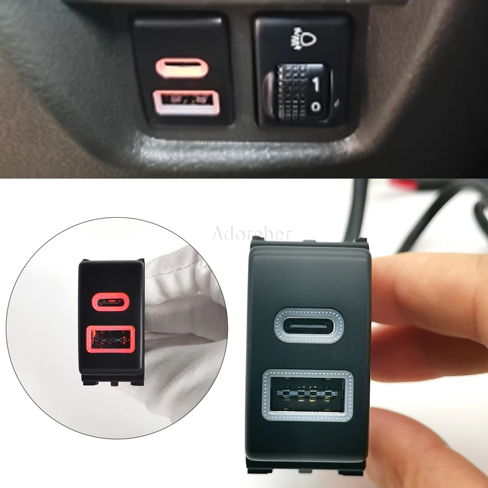

Car Red LED Light QC3.0 USB Charging Audio Dual USB Ports Charger Adapter Socket Fit For Nissan Sylphy X-Trail Patrol Y62
