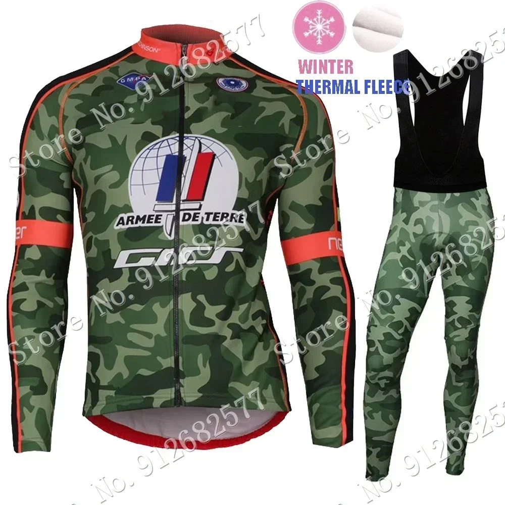 2024 France Army Winter Camouflage Cycling Jersey Set Long Sleeve Cycling Clothing Bike Thermal Jacket Suit MTB Ropa Ciclismo