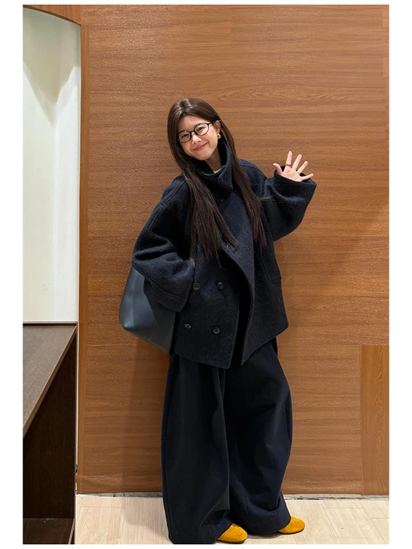 

Черное шерстяное пальто с воротником-стойкой для женщин, миниатюрное, осенне-зимнее, новое, в корейском стиле, приталенное, с эффектом высокого качества, красивое пальто