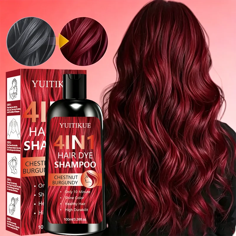 YUITIKUE 4IN1 Instant Hair Dye Shampoo Chestnut Burgundy Long Lasting Color No Damage 10 Minutes Easy Hair Dye