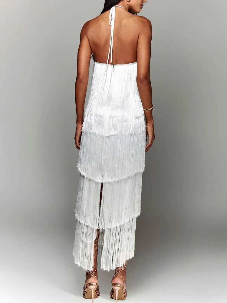 Tassel Patchwork Loungewear Fashion Maxi Dress, Women Summer Sleeveless Halter Party Dress, 2024 Solid High Street Ladies Dress