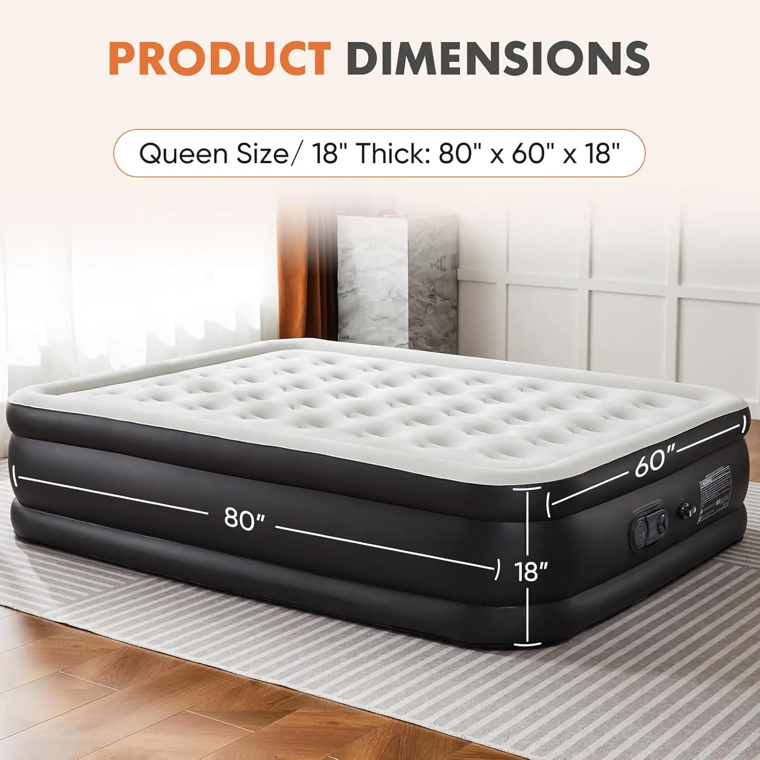 

Smug Queen Air Mattress With Built In Pump, 18"" H Blow Up Guest Mattress, Low Noise Surface Portable Colchone Inflable,Maximum
