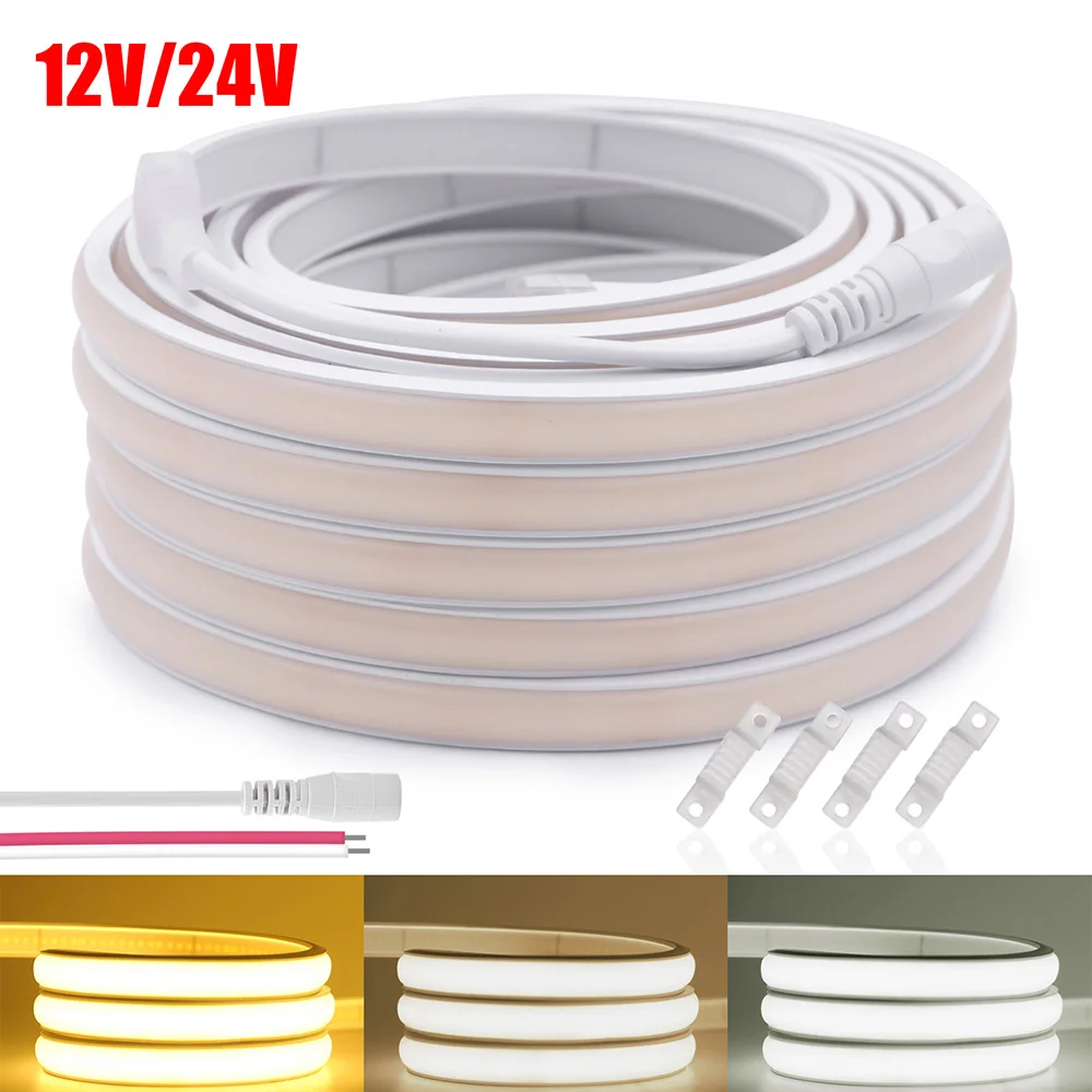 COB LED Strip Neon Light DC 12V 24V Dimmable 320LED/m Flexible Silicone Rope Lights Linear Lighting 1m 2m 5m 10m 15m 20m 50CM