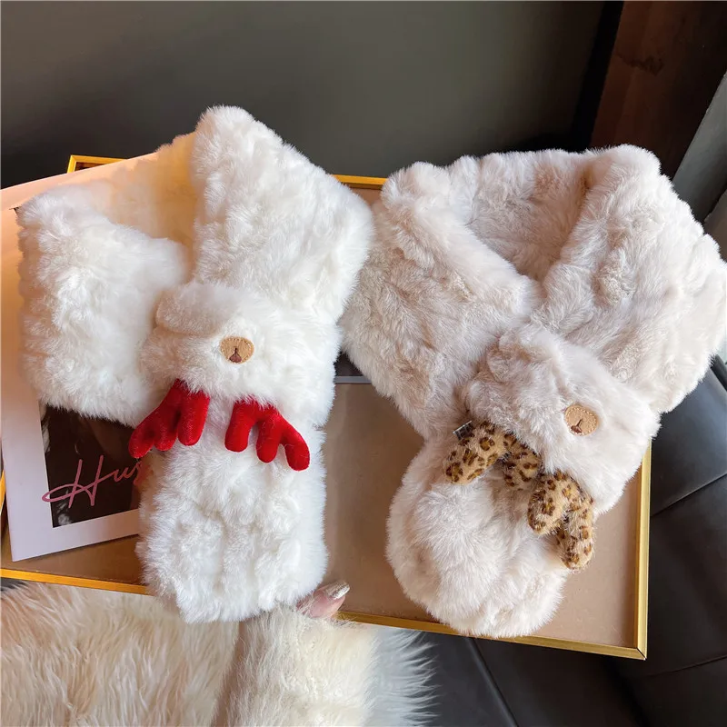 Christmas Red Lolita Plush Scarf for Women Winter Girl Sweet Cute Warm Scarf Lady Korean Fashion Student Kawaii Bai Neckerchief