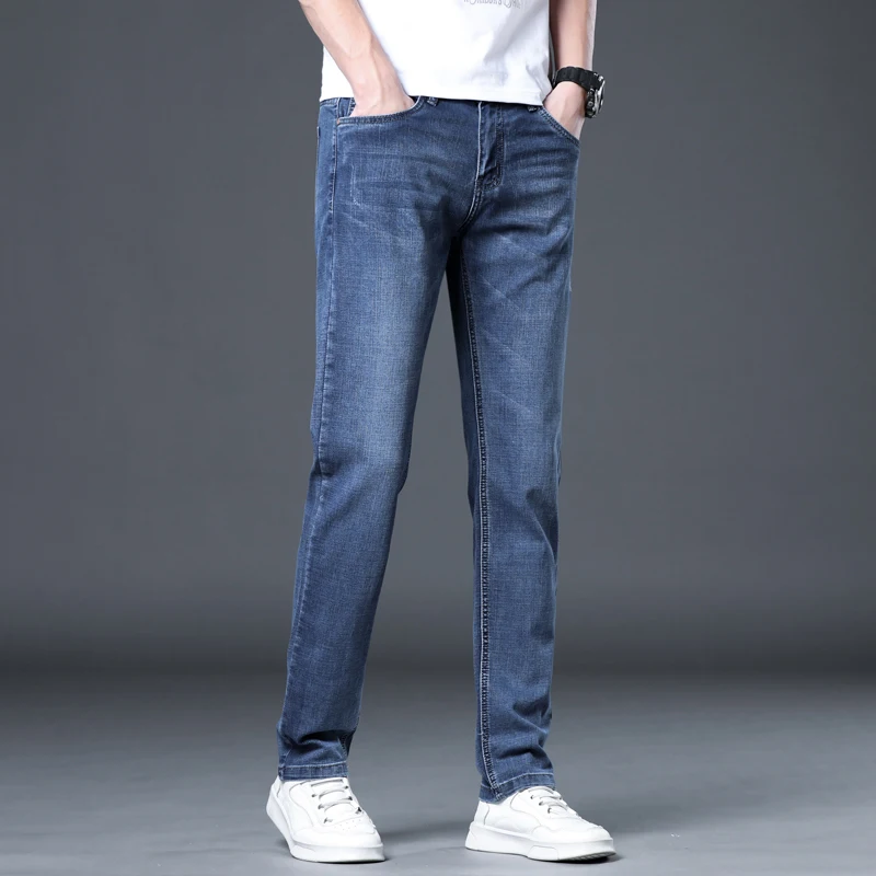 Spring Summer New Versatile Fashion  Men's Elastic denim pants with small straight  cargo pants men  jeans for men  clothing