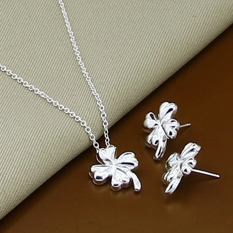 Wholesale 925 Sterling Silver Exquisite Jewelry Sets Plant Four-leaf Clover Pendant Necklace Earrings Set For Women Wedding Gift