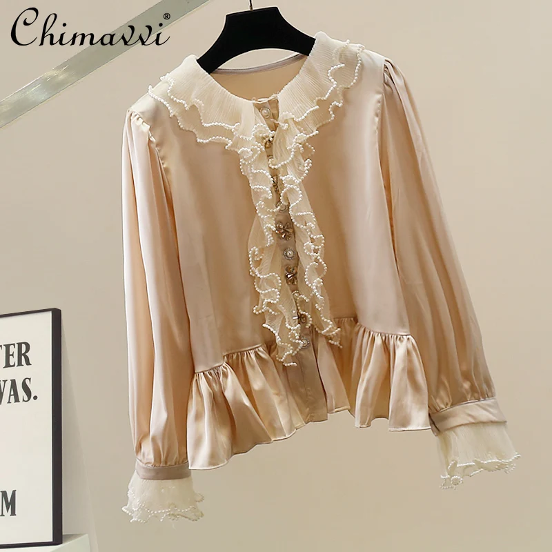 

2025 Autumn Clothes New Fashion Loose Elegant Long Sleeve Women's Shirt Korean Fashion Heavy Lace Patchwork Blouse Tops