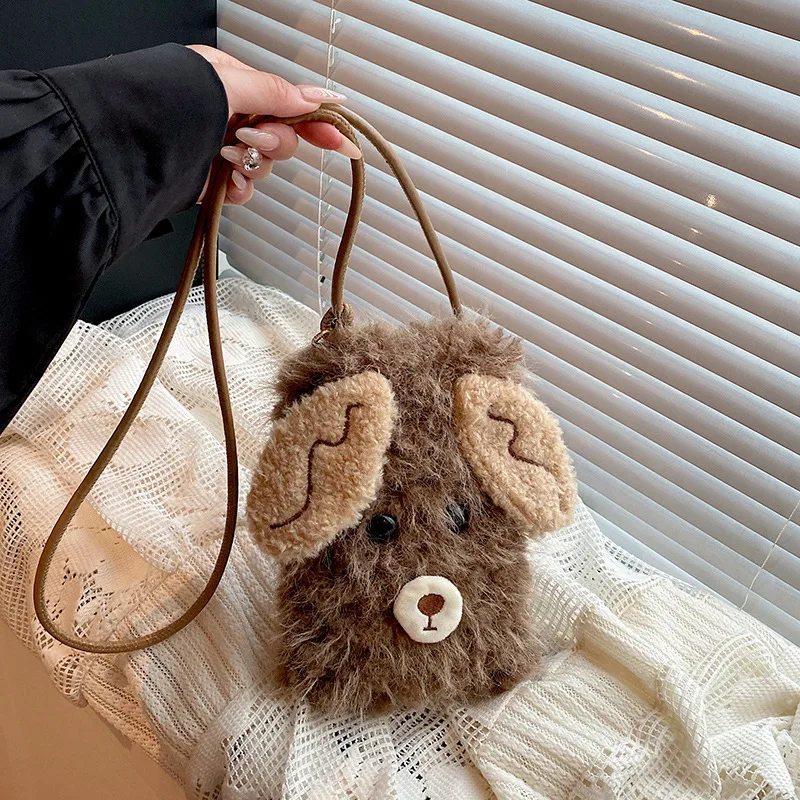 New Cute Puppy Ear Plush Shoulder Bucket Bag Korean Style Versatile Phone Bag Casual Fashion Crossbody Plush Bag