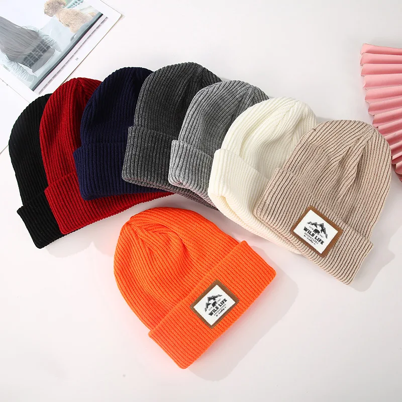 Unisex Knitting Wool Beanie Skullies For Men Women Solid Color Elastic Crochet Hat Fashion Label Outdoor Ear Warmer Pullover Cap