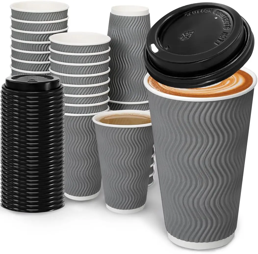 

100 Pack 16 oz Coffee Cups with Lids, Disposable Insulated Hot Cups To Go Paper Coffee Cups, Corrugated Ripple Wall Cup