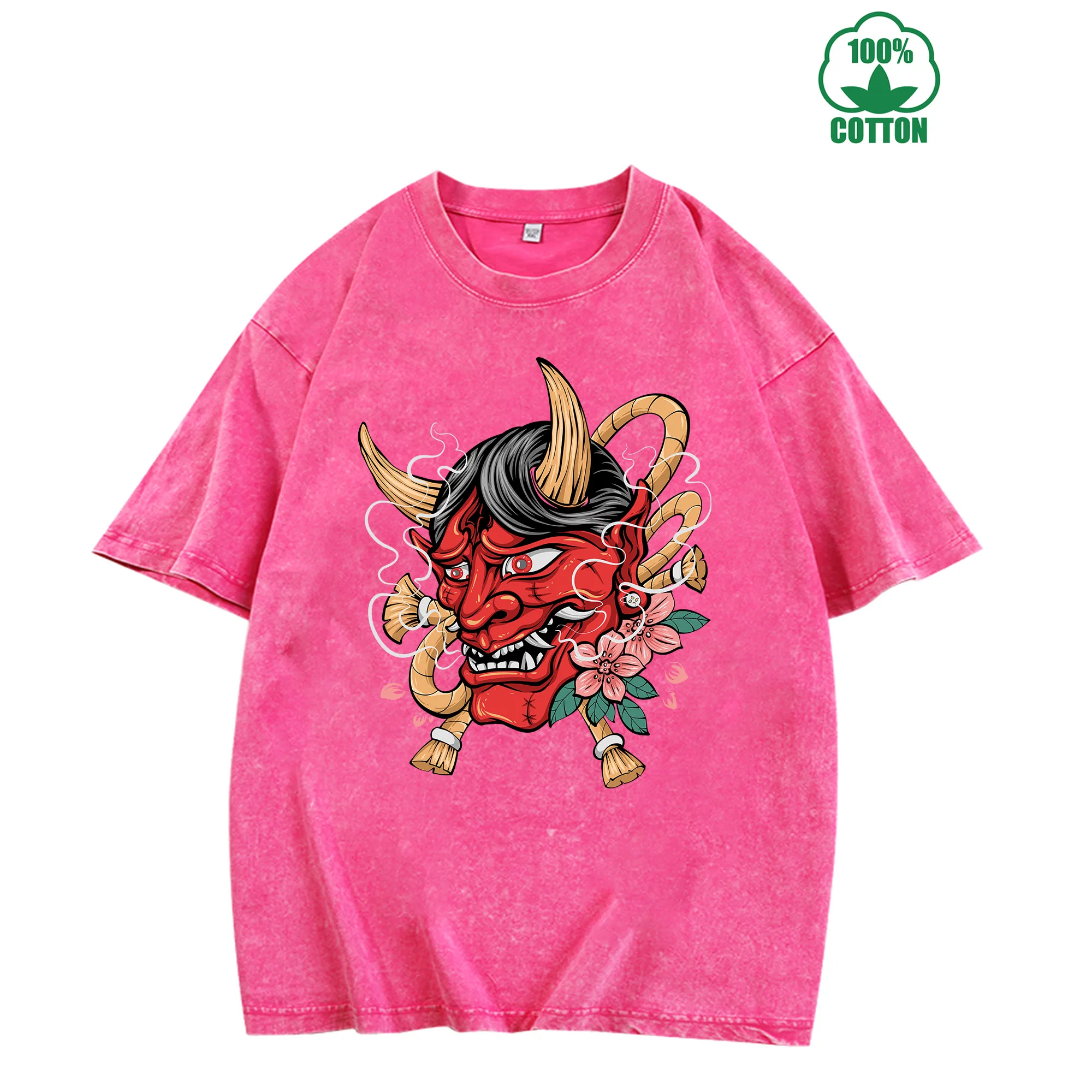 تي شيرت Demon Mask Vintage Washed 230 جرام 100% قطن مريح كبير الحجم ملابس الشارع للجنسين #1