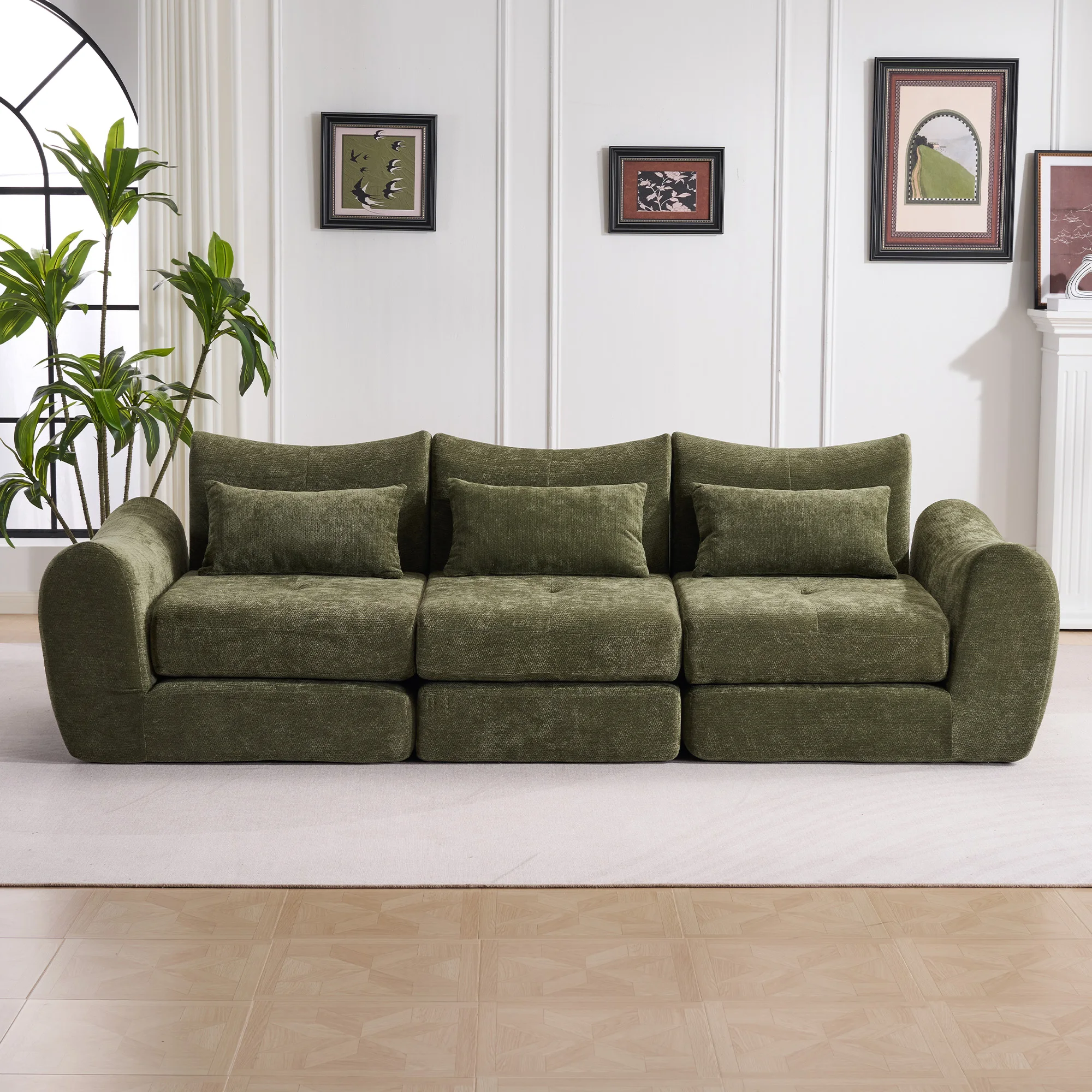 Grünes Komfort-Kompressionssofa, 3-Sitzer, kein Aufbau erforderlich, Schlafsofa, schwarzes Chenille, frei kombinierbar für Wohnzimmer, Wohnung