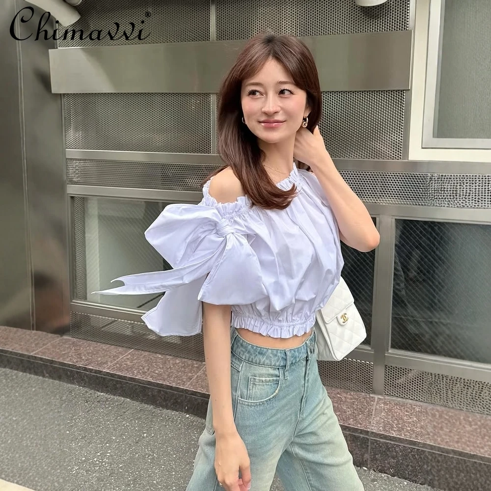 Japanese 2025 Summer Women's Personalized Off-shoulder Pleated Fungus Bow Asymmetrical Short Shirt Top Black and White Blouse