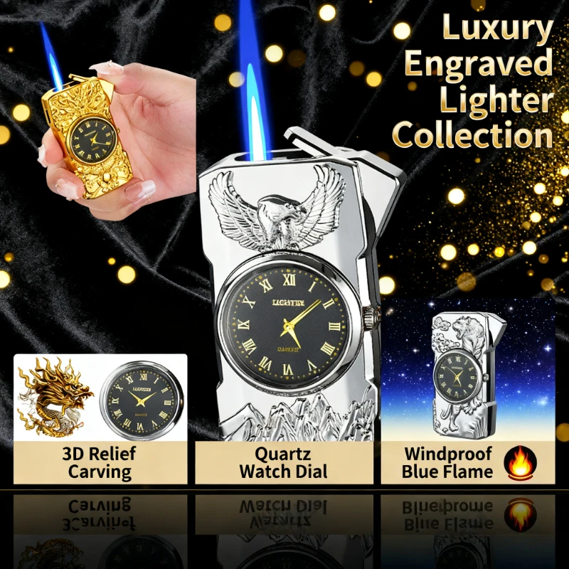 

Men's Quartz Dial Lighter - Direct Flame Butane Refillable, Embossed Pattern, Exquisite Gift for Boyfriend, Cigarette Lighter