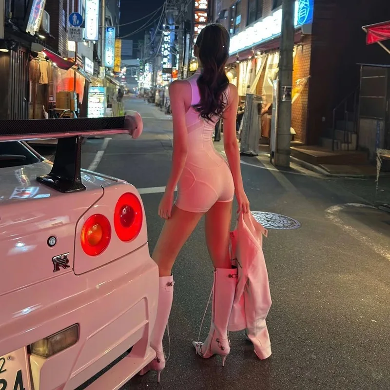 2026 Women Street Style Mesh Splicing Jumpsuit Hollow Out Sleeveless Playsuits Spicy Girl Futuristic Punk Tight Sports Shaping