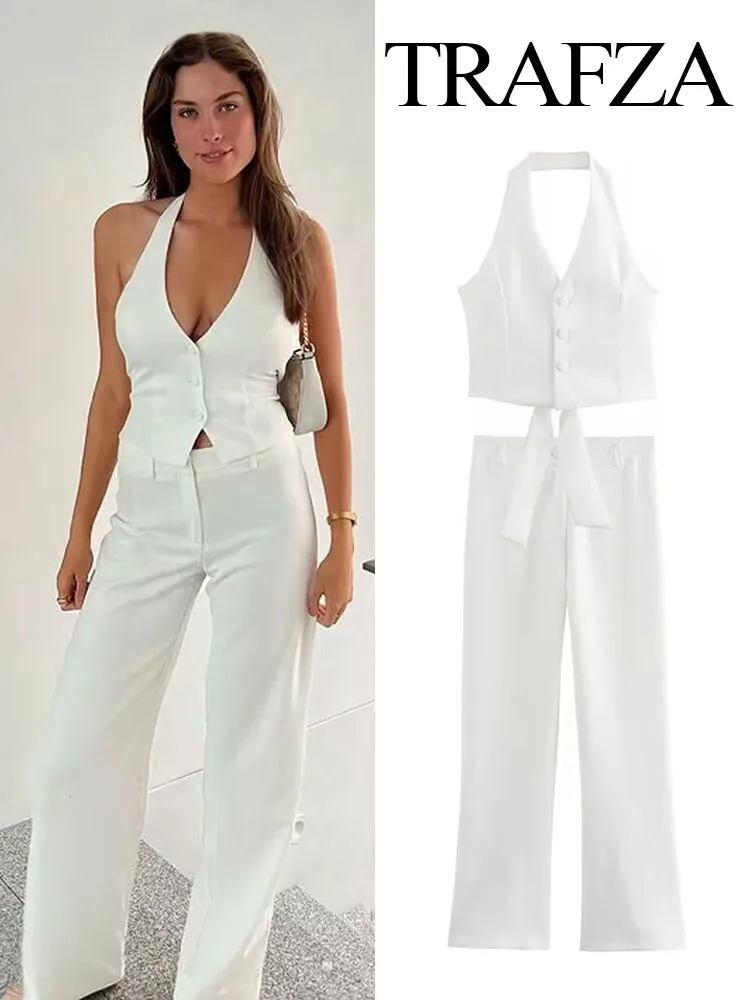 TRAFZA 2024 Women New Fashion 2 Piece Set Backless Sleeveless Halter Neck Lace-Up Suit Vest+Chic Zipper Casual Suit Long Pants