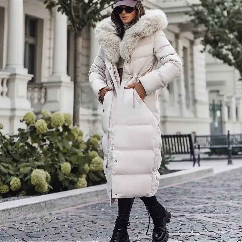 Winter Thick Warm Plush Collar Long Overcoat Women's Fashion Cinched Waist Hooded Cotton Coat Elegant Classical Office Clothes