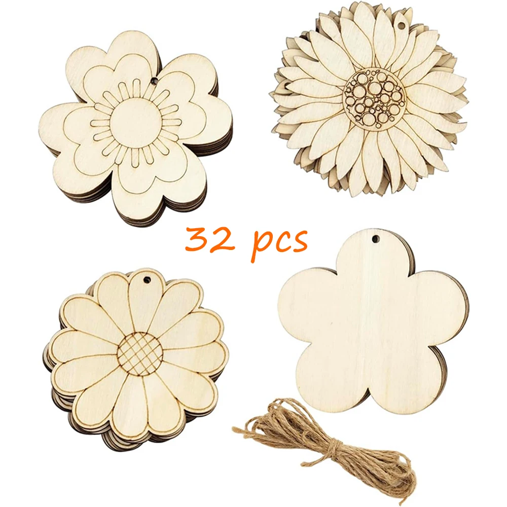 32 pcs Unfinished Wooden Flowers Cutouts DIY Craft Gift Hanging Tags for Home Party Festival Holidays Wall Room Decoration
