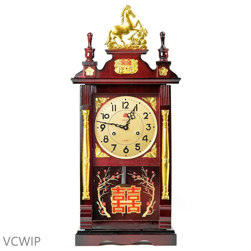 Mechanical clock Solid wood hanging clock Old-fashioned feng shui shock home winding chain Clockwork pure copper movement