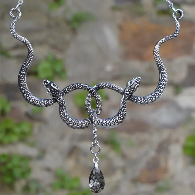 Gothic Double Snake Entanglement Witch Necklace with Crystal Pendant Medusa Snake Necklace Women's Fashion Jewellery Gifts