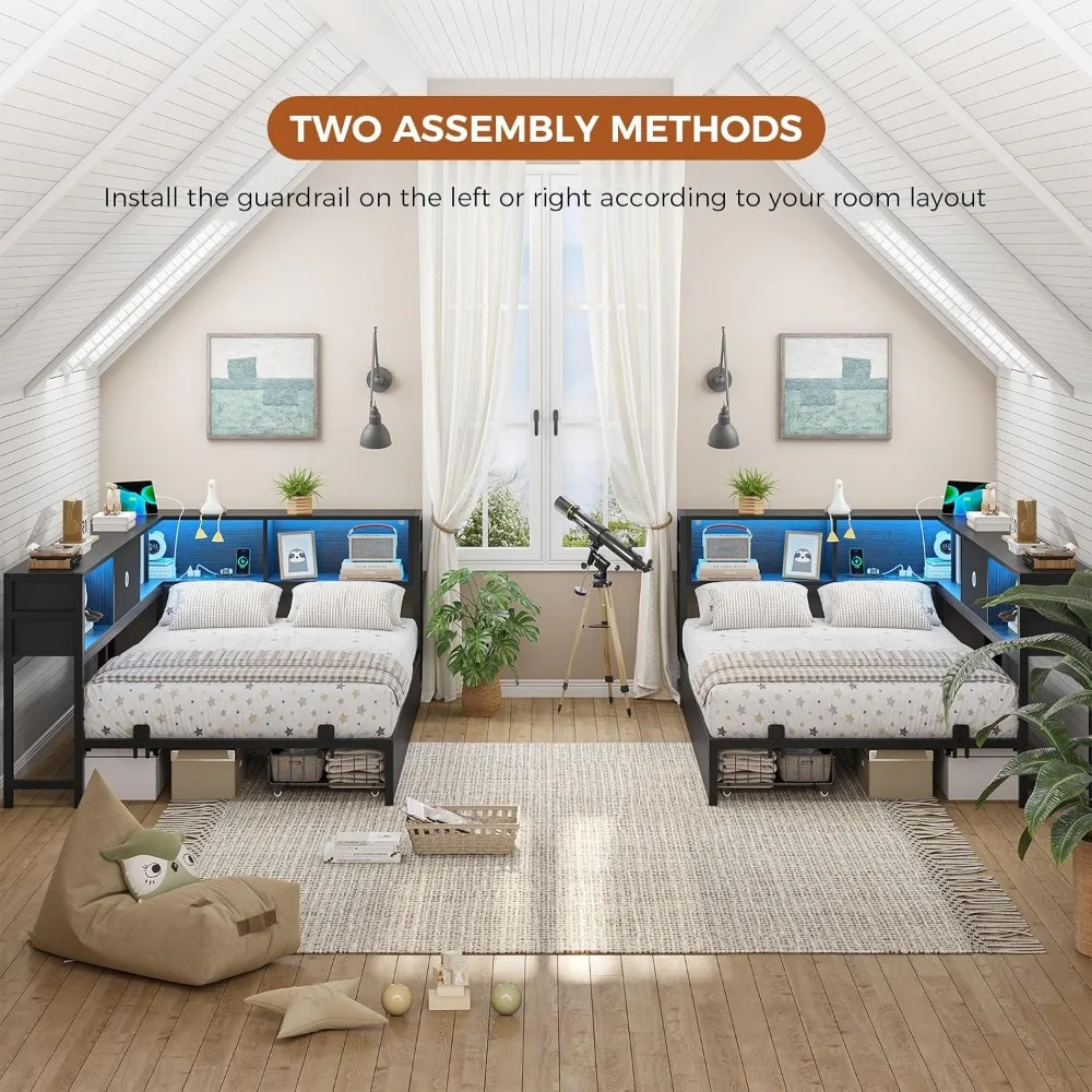 Twin Corner Bed Frame with Bookcase Storage and Led Lights Metal Platform Bed Frame Twin Size with Storage Drawers and Ch